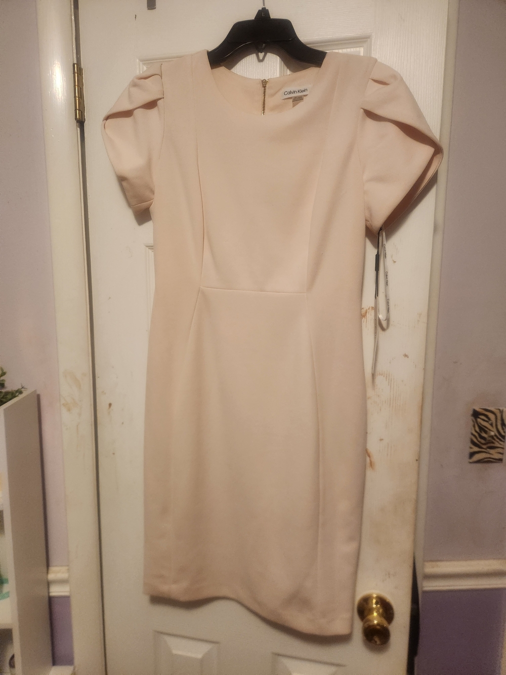 Calvin Klein Pale Blush Puff-Sleeve Sheath Dress